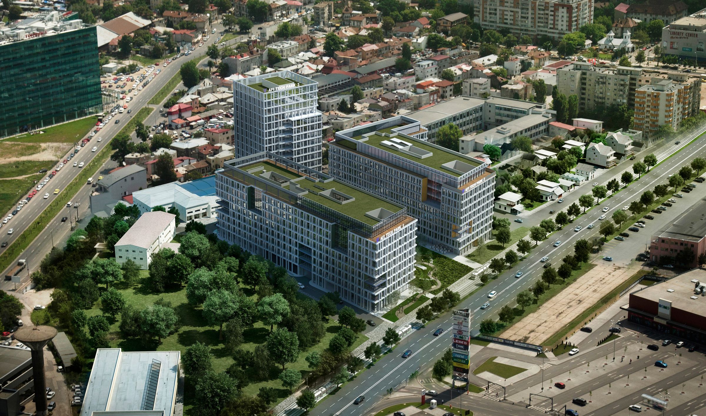 Randare aeriană a ansamblului AFI Tech Park, cu un turn de birouri și două clădiri cu acoperișuri verzi lângă un bulevard larg